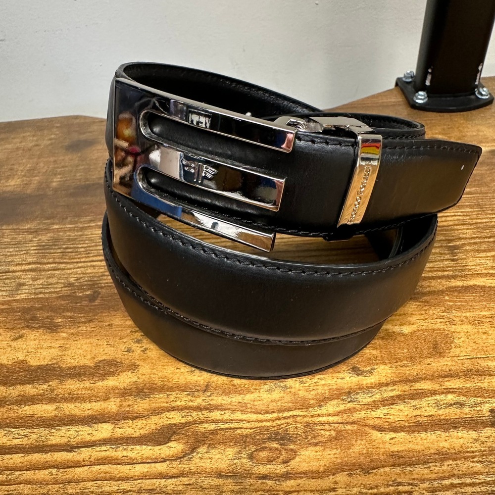 Franco Feruzzi Mens Black Genuine Leather Dress Belt Made in Italy Silver Buckle